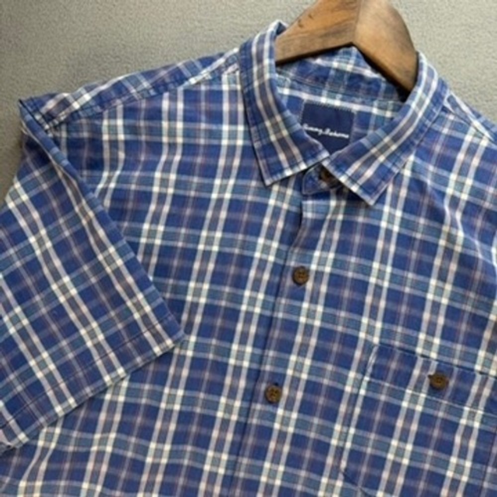 Tommy Bahama Button Up Men XL Blue Plaid Silk Blend Short Sleeve Pocket Casual